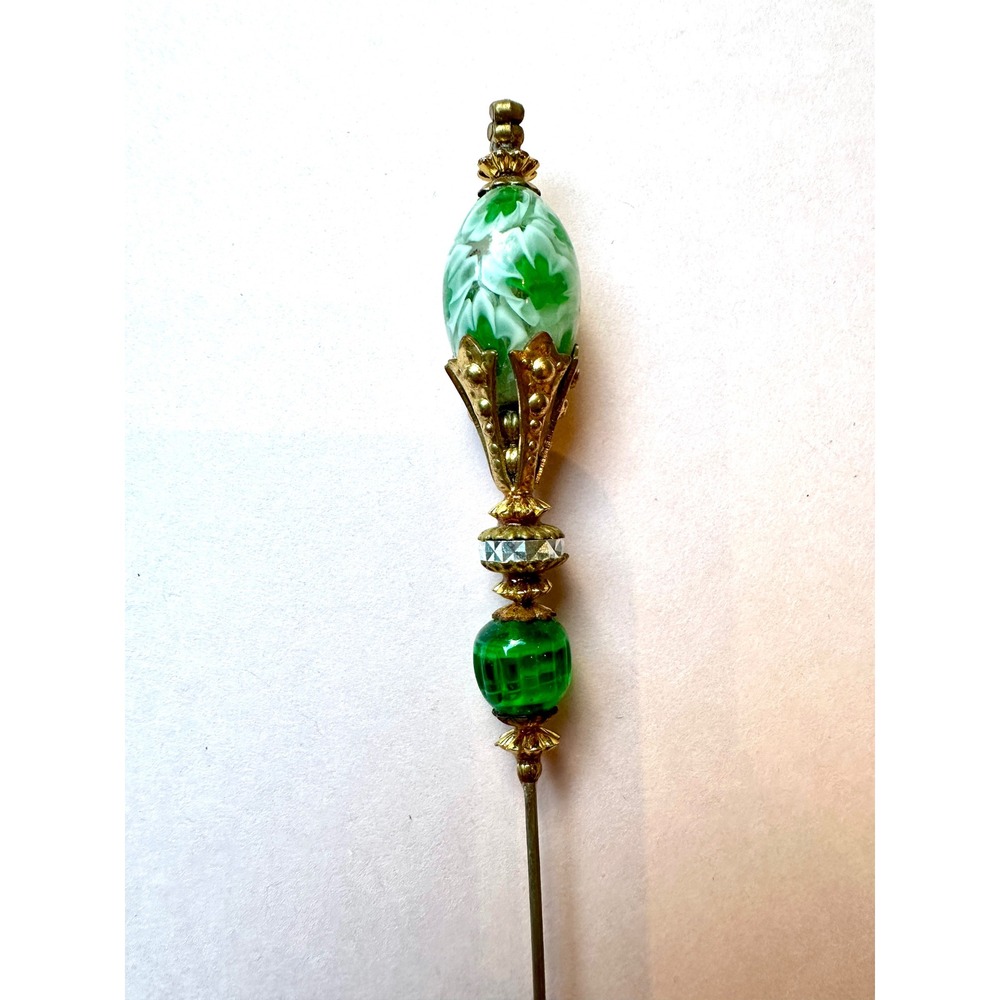 Vintage Ornate Murano Glass Rhinestone Hat Pin Green White Floral Gold Tone 6.5"